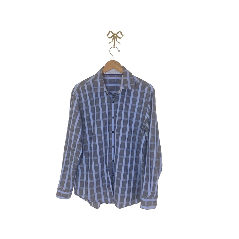 Tasso Elba Mens Blue Windowpane Check Cotton Button Down Shirt Large L 16-16.5